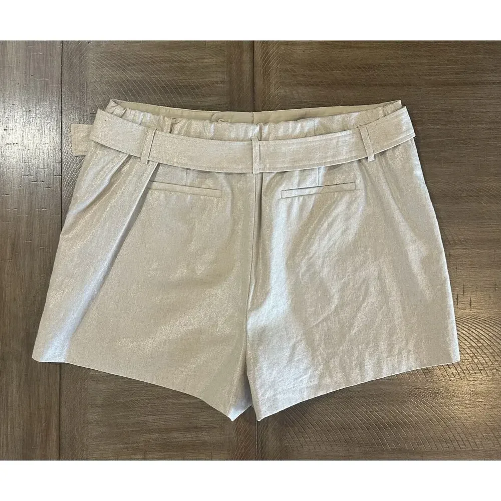 NINE WEST Beige Khaki Shimmer Linen Blend Belted Classic Shorts Women’s Size XL